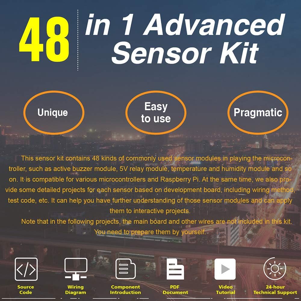 48 Sensors Modules Starter Kit with LCD, 5v Relay, IR Receiver, LED Modules, Servo Motor, PIR, Pressure Sensor, Gas Sensor H96470