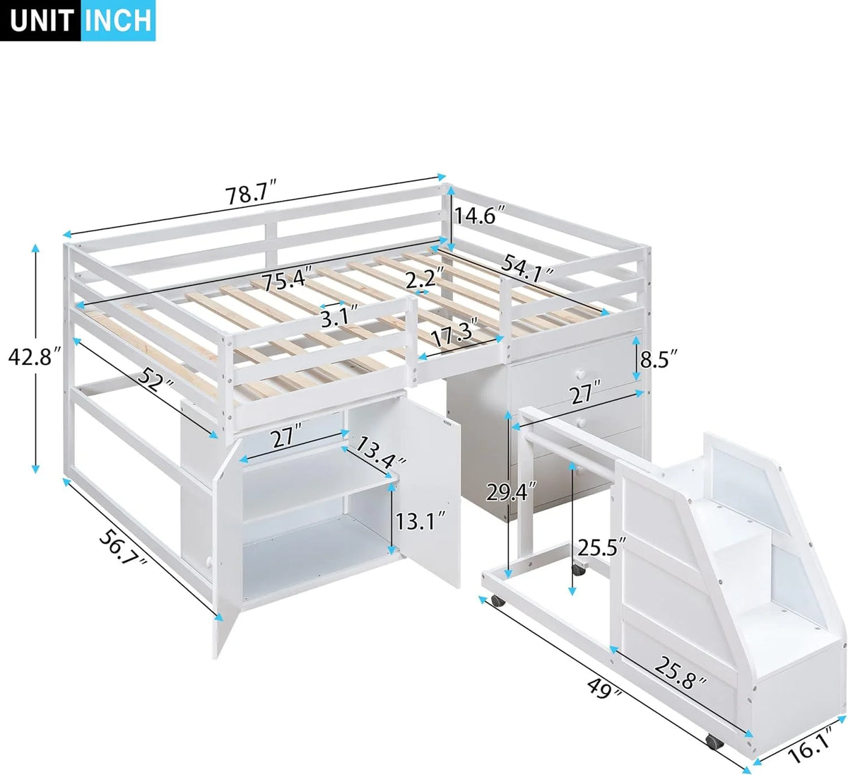 Full Size Solid Wood Bed with Drawers and Staircase X6164