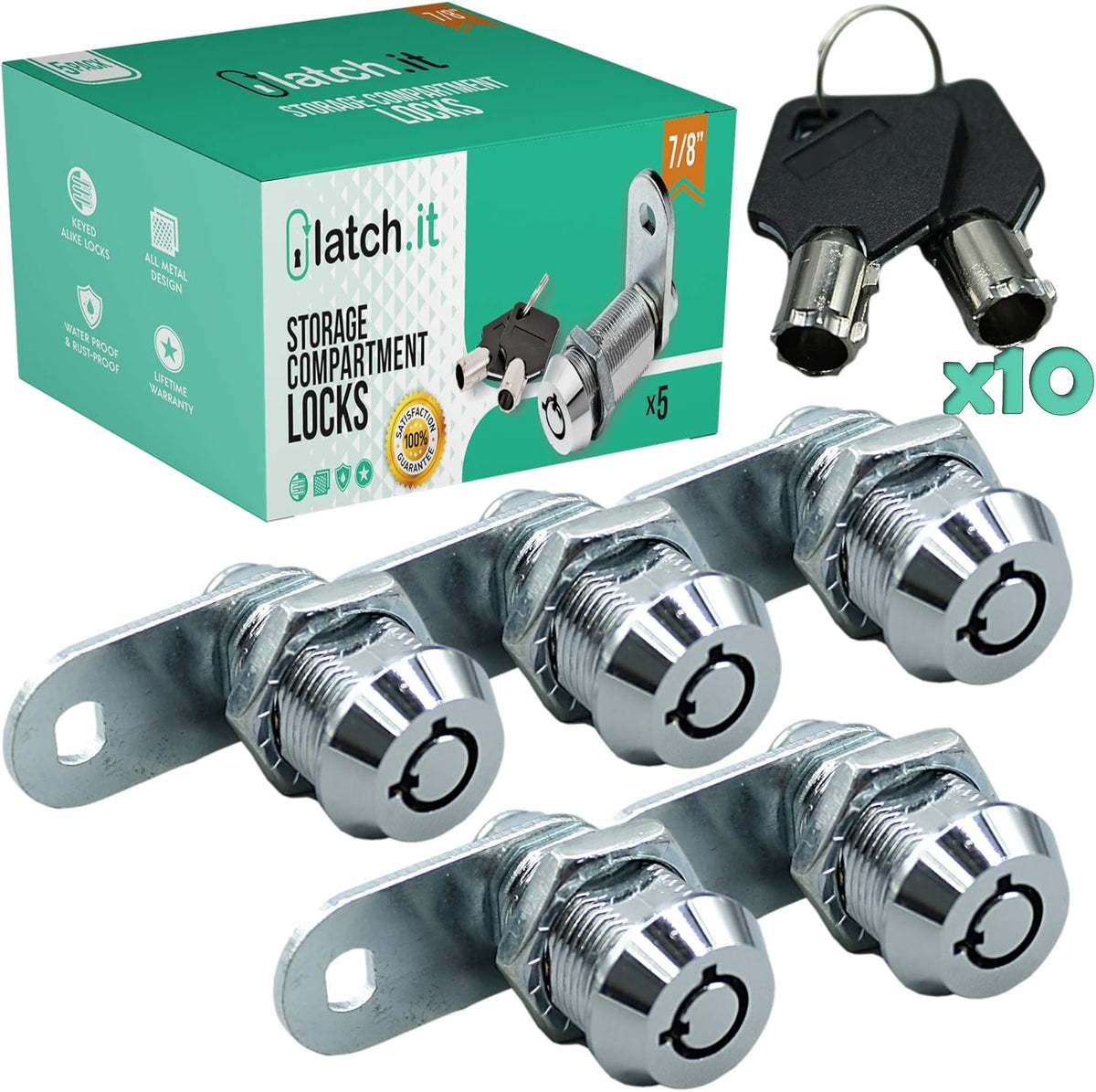 7/8” 5-Pack Metal Cam Locks with 10 Keys V80908