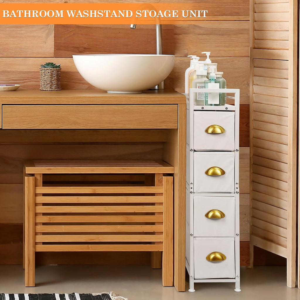 Narrow 4 Drawers Fabric Storage Dresser with Wooden top A177211