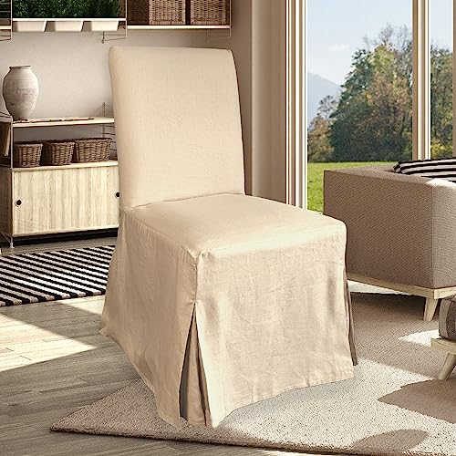 Set of 4 Solid Beige Linen Cotton Dining Chair Cover H985343