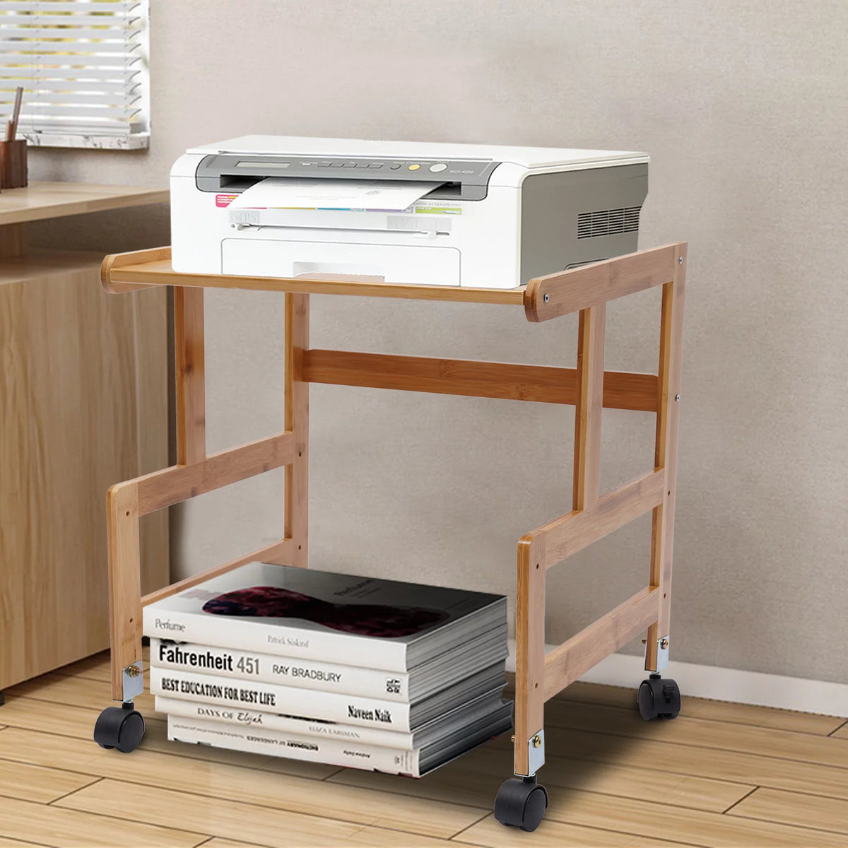Wood Floor-Standing Printer Cart with Storage Shelf and 4 Wheels K6205