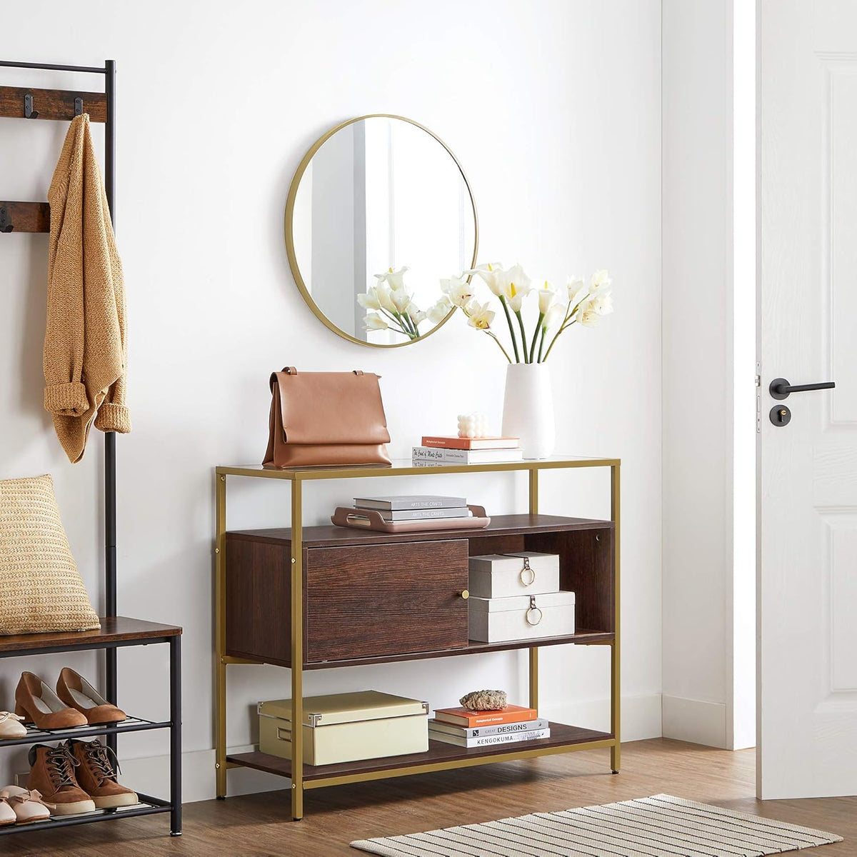 Chocolate Brown and Matte Gold Sideboard with Glass Top and Steel Frame R43381