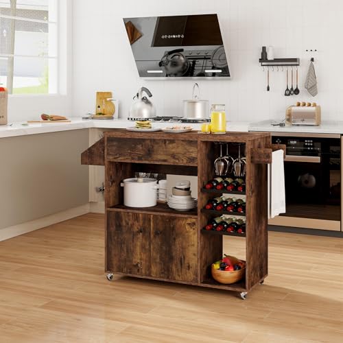 Rolling Kitchen Island Cart with Drop Leaf, Power Outlet, White Z756