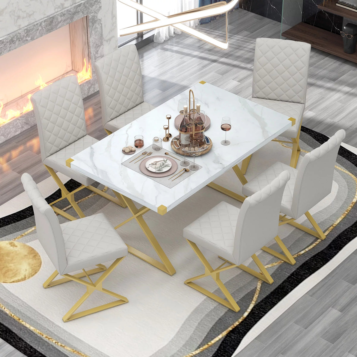 7-Piece Marble Texture Dining Table Set with 6 PU Leather Chairs A29506