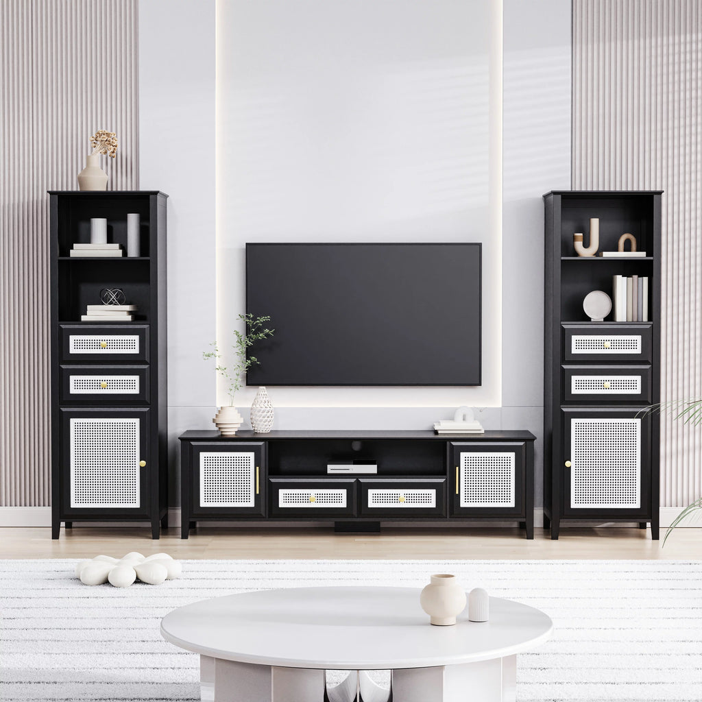 Black Rattan TV Stand Set with 2 Tall Cabinets Q385