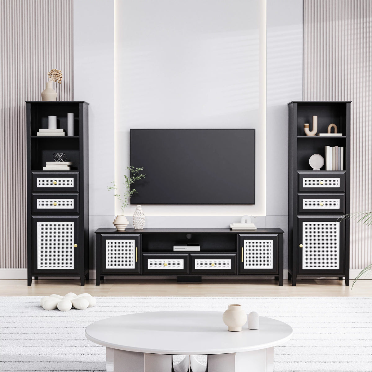 Black Rattan TV Stand Set with 2 Tall Cabinets Q385