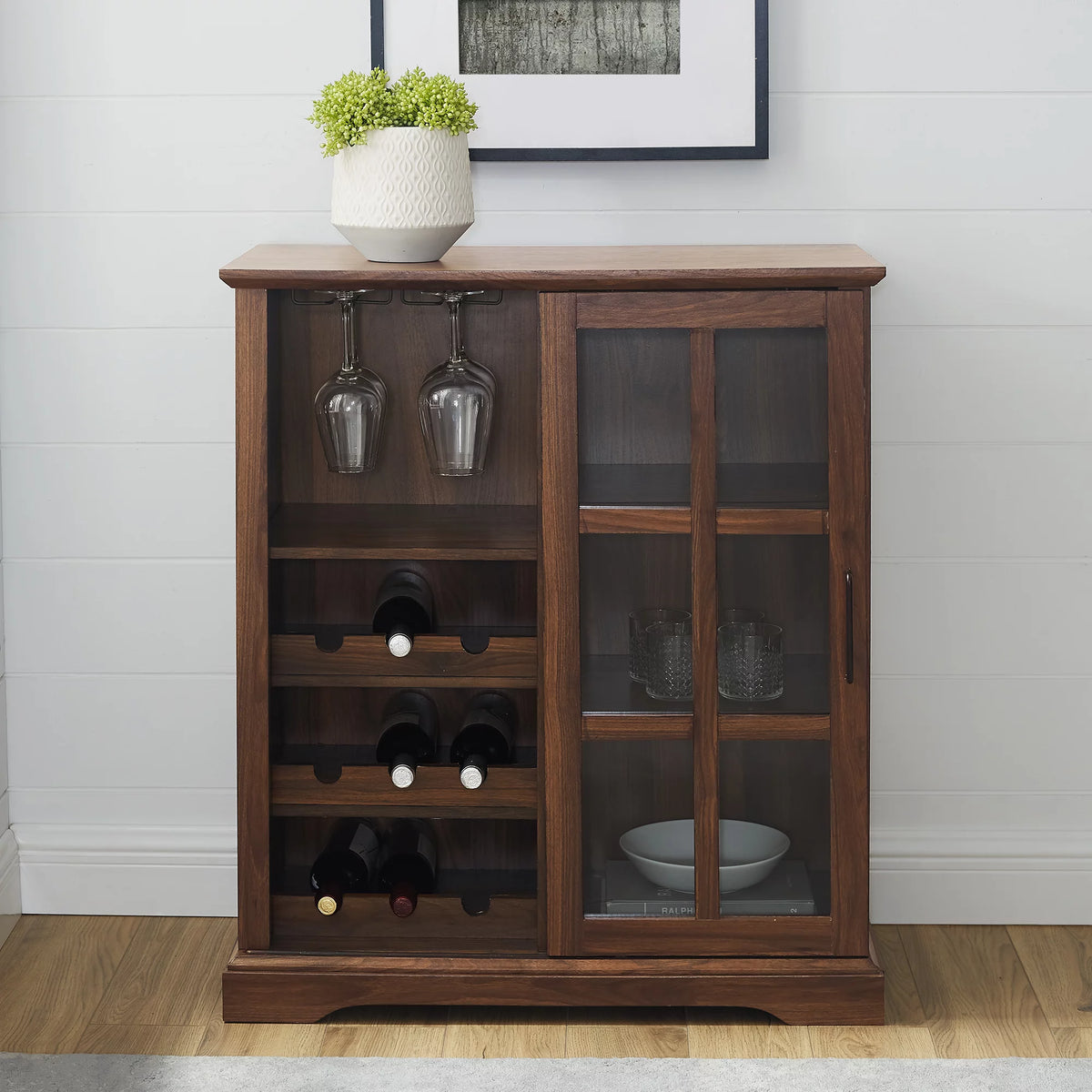 Dark Walnut Sliding Glass Door Bar Cabinet B579