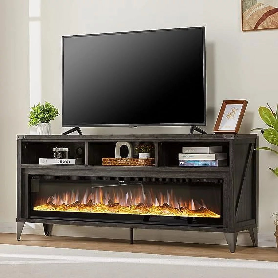 65 Fireplace TV Stand with 60 Glass Electric Fireplace D41816