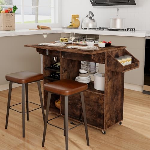 Rolling Kitchen Island Cart with Drop Leaf, Power Outlet, White Z756
