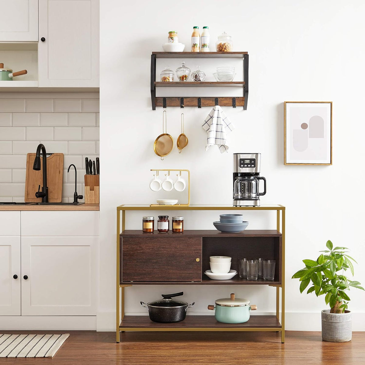 Chocolate Brown and Matte Gold Sideboard with Glass Top and Steel Frame R43381