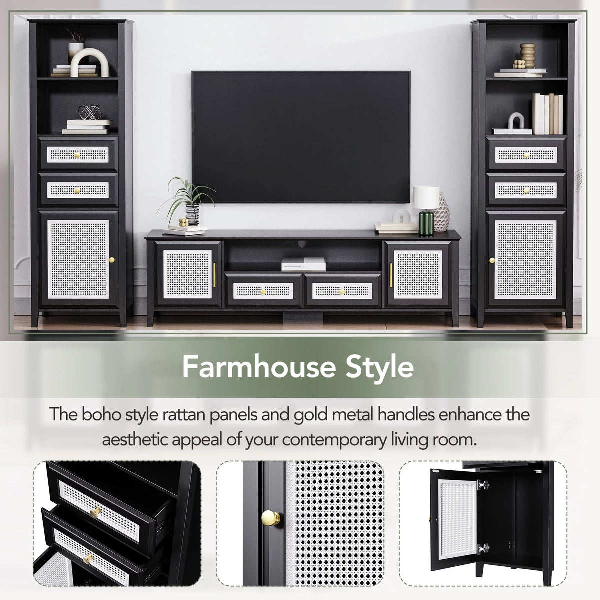 Black Rattan TV Stand Set with 2 Tall Cabinets Q385