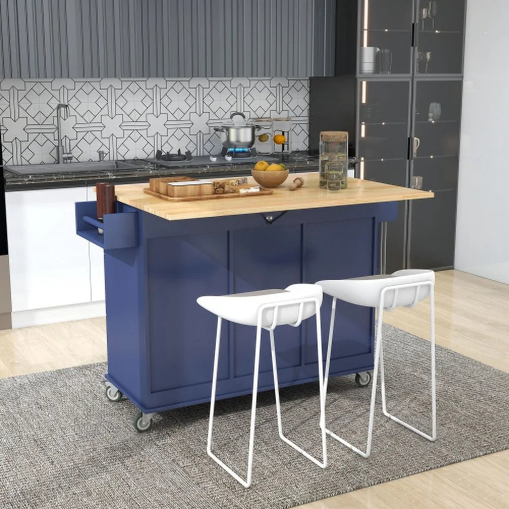 Dark Blue Rolling Mobile Kitchen Island with Solid Wood Top and Locking Wheels O82684