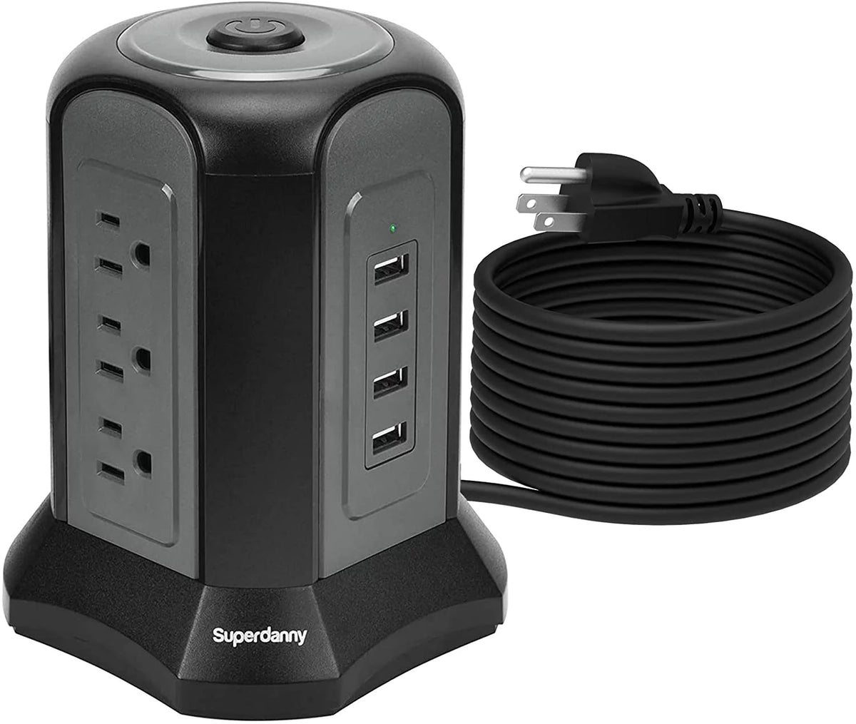Black Surge Protector Power Strip Tower 9 Outlets 4 USB Port 10 ft Extension Cord T800
