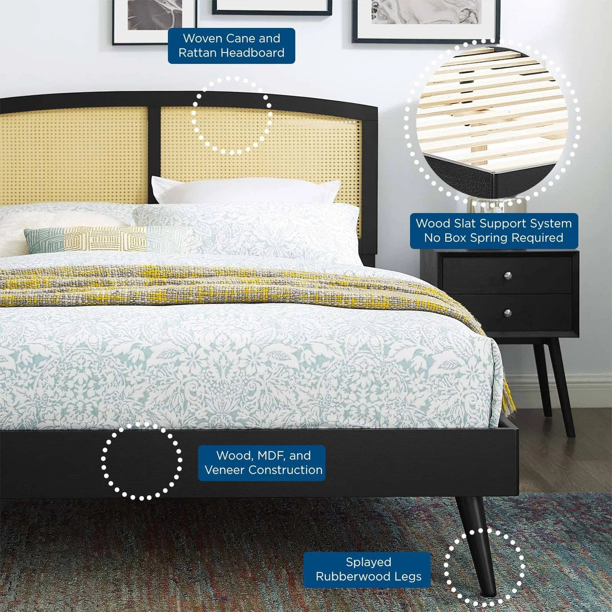 Black Queen Platform Bed with Splayed Legs I57613