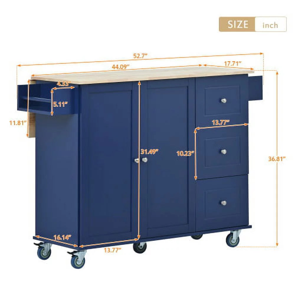Dark Blue Rolling Mobile Kitchen Island with Solid Wood Top and Locking Wheels O82684