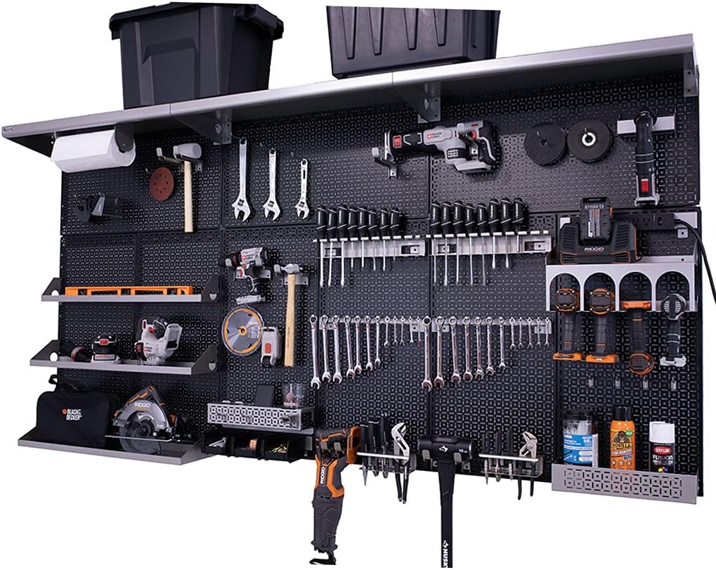 Black/Silver Metal Pegboard Wall Organization System U998986