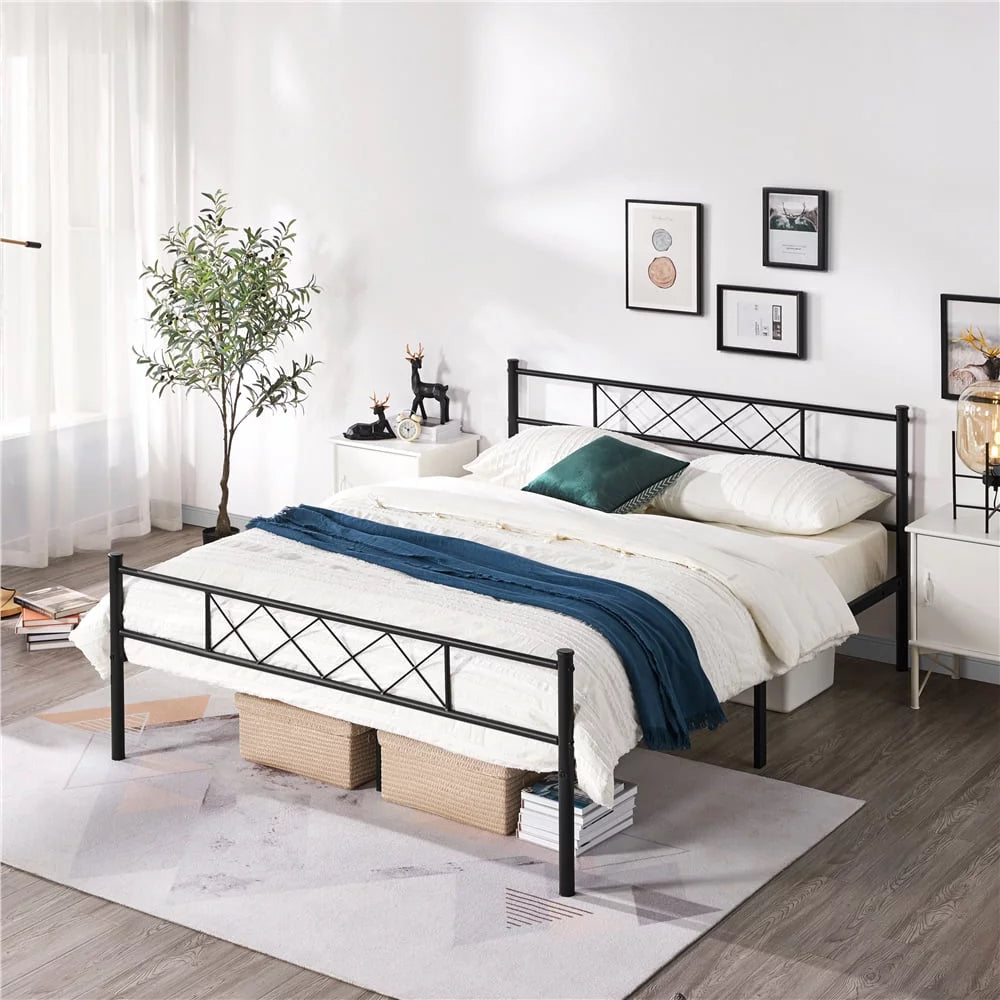 Queen Size Black Metal Platform Bed Frame with Headboard and Footboard H110595