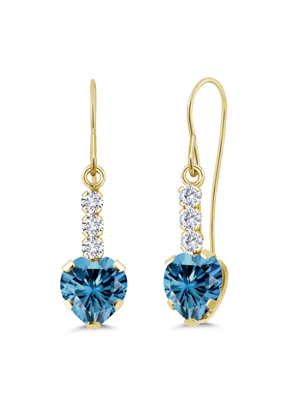 14K Yellow Gold Persian Blue Moissanite and White Lab Grown Diamond French Wire Dangle Hook Earrings W84028