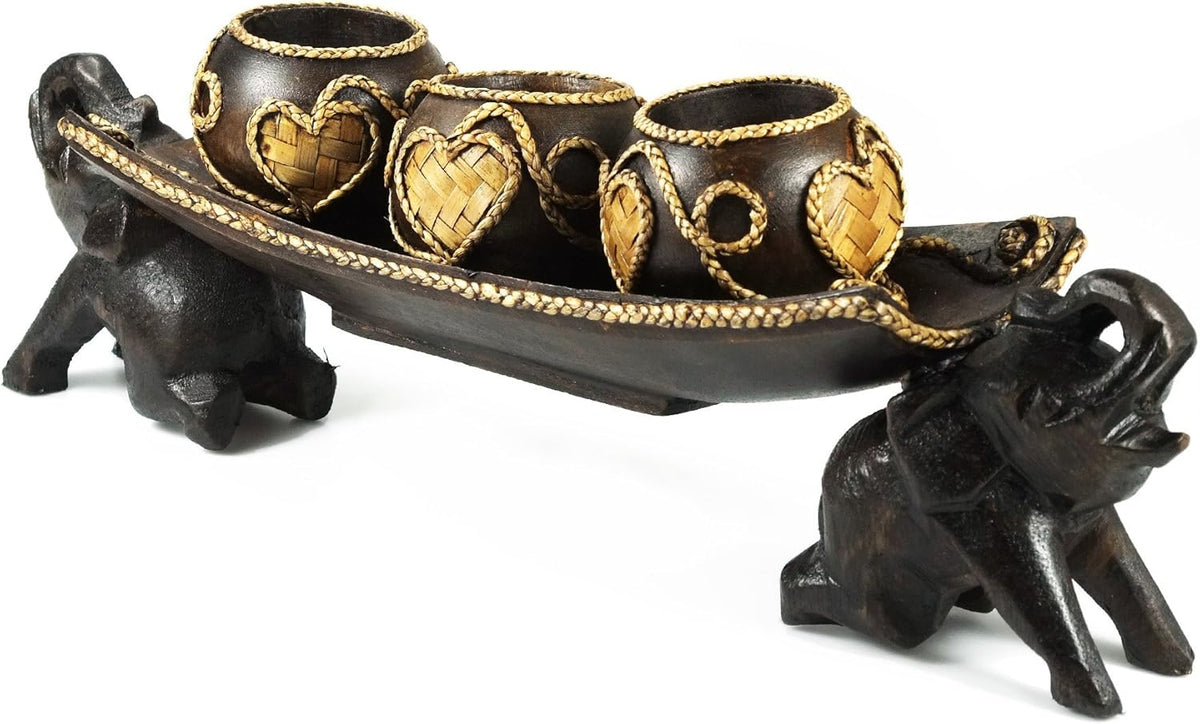 Carved Rain Tree Wooden Candle Holder Pack of 2 K502