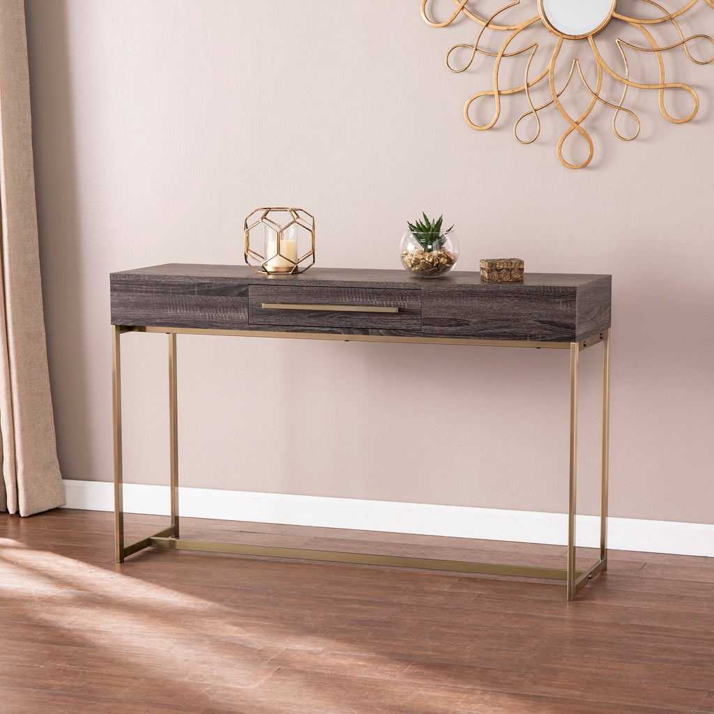 Black Oak Antique Brass Console Table with Storage Q352