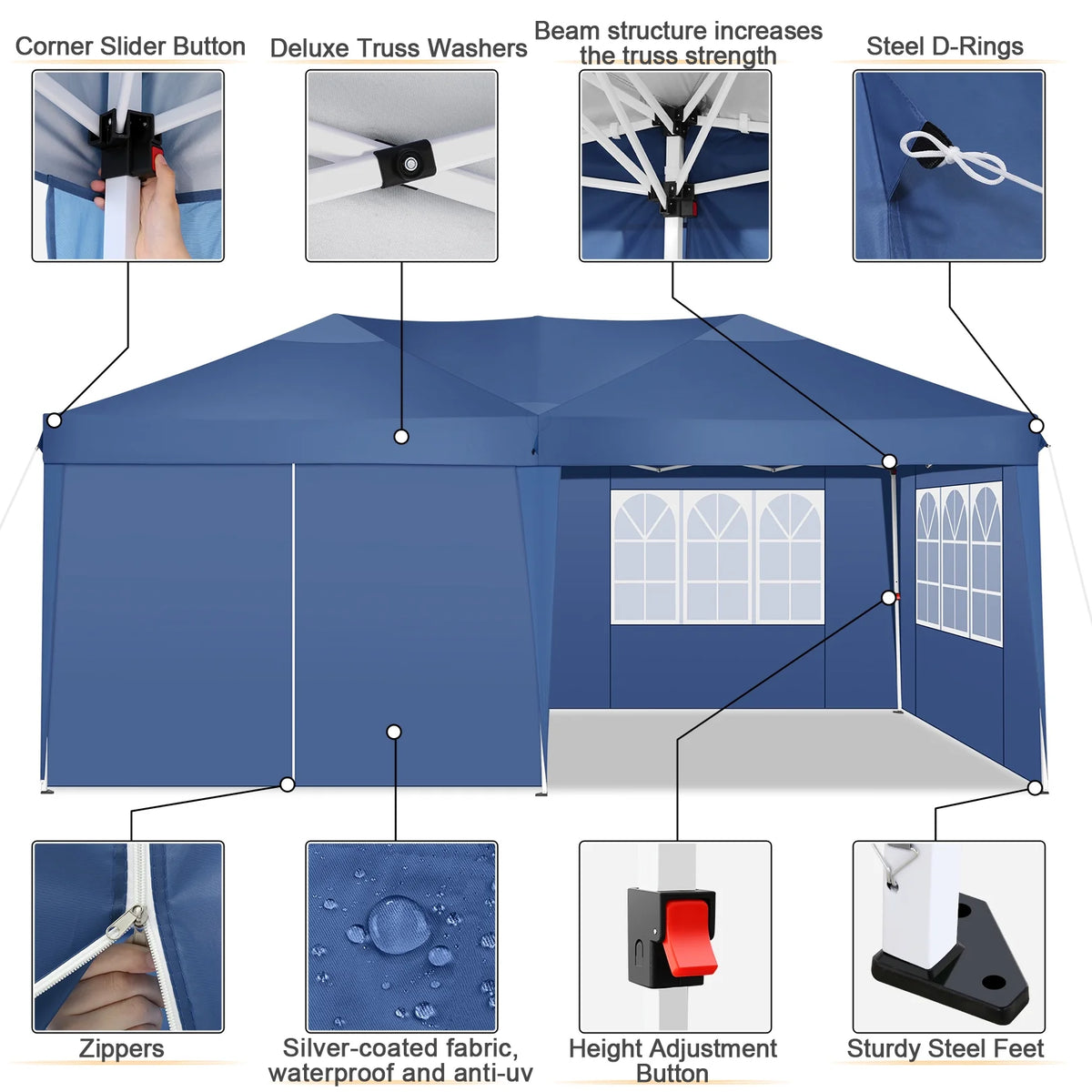 10' x 20' Pop up Canopy with 6 Removable Sidewalls and Carry Bag, Blue N2545