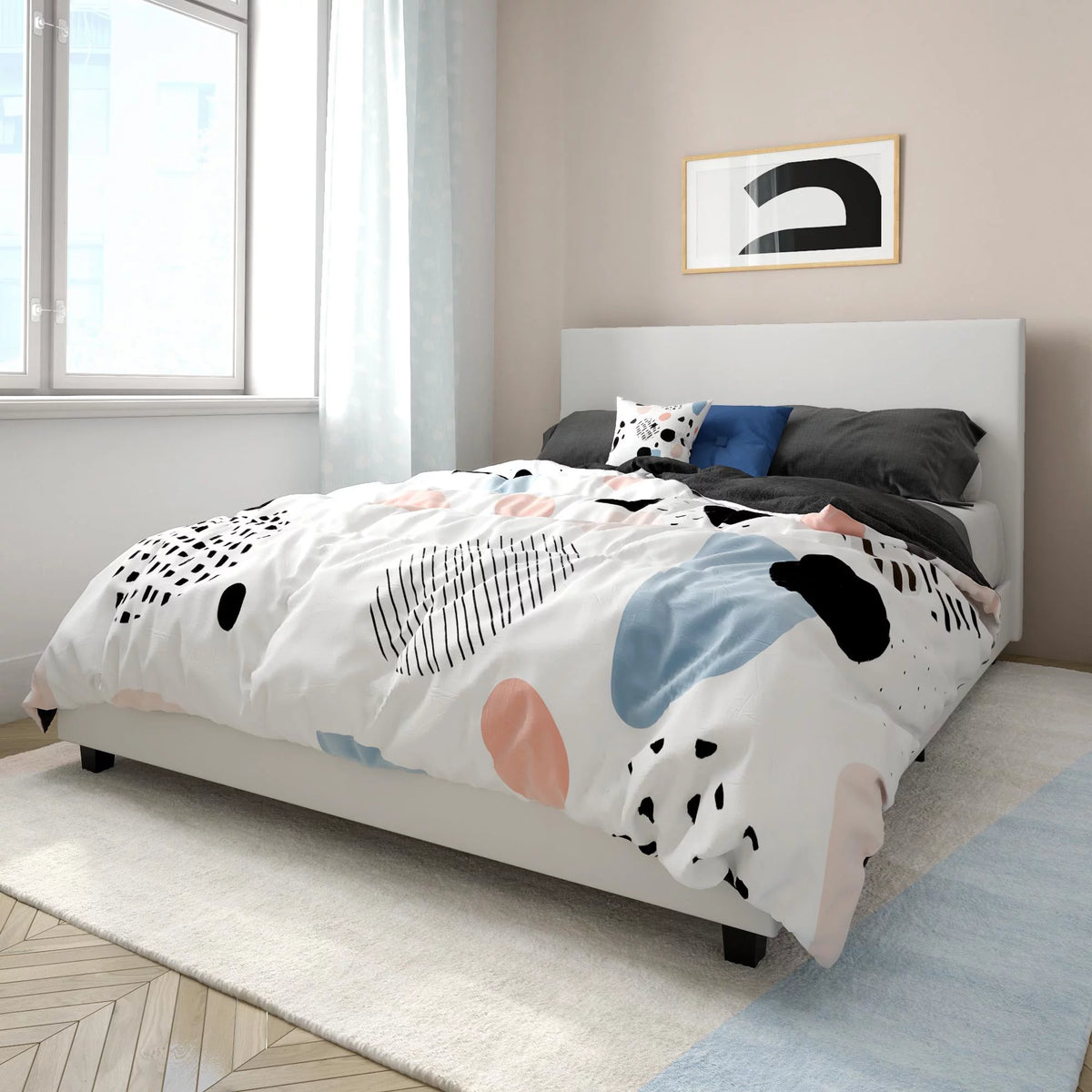 Queen White Faux Leather Upholstered Platform Bed P968