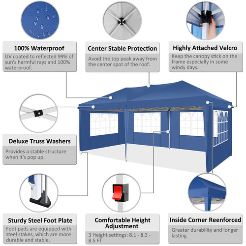 10' x 20' Pop up Canopy with 6 Removable Sidewalls and Carry Bag, Blue N2545