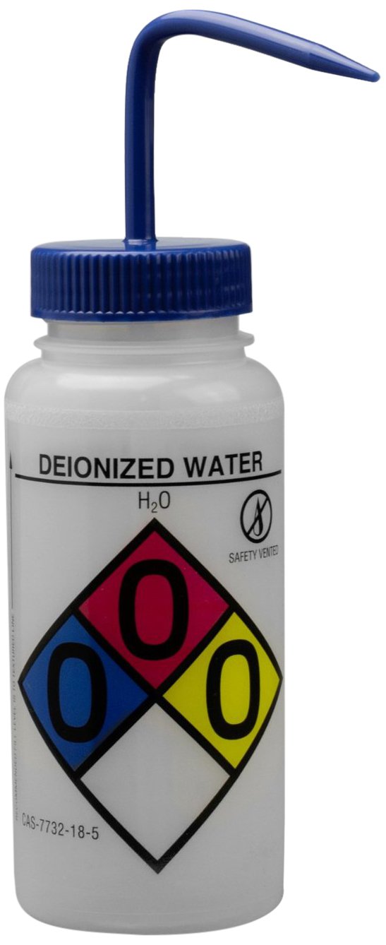 Deionized Water Wash Bottles, 500ml (16oz), Polyethylene, Blue Polypropylene Cap, Pack of 4 D5654