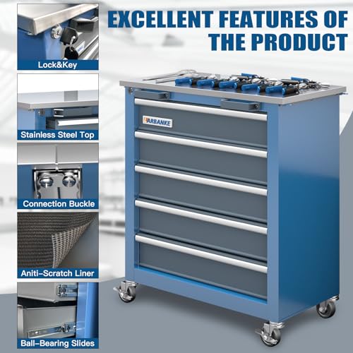 5 Drawer Rolling Tool Chest with Locking System and Stainless Top S191873