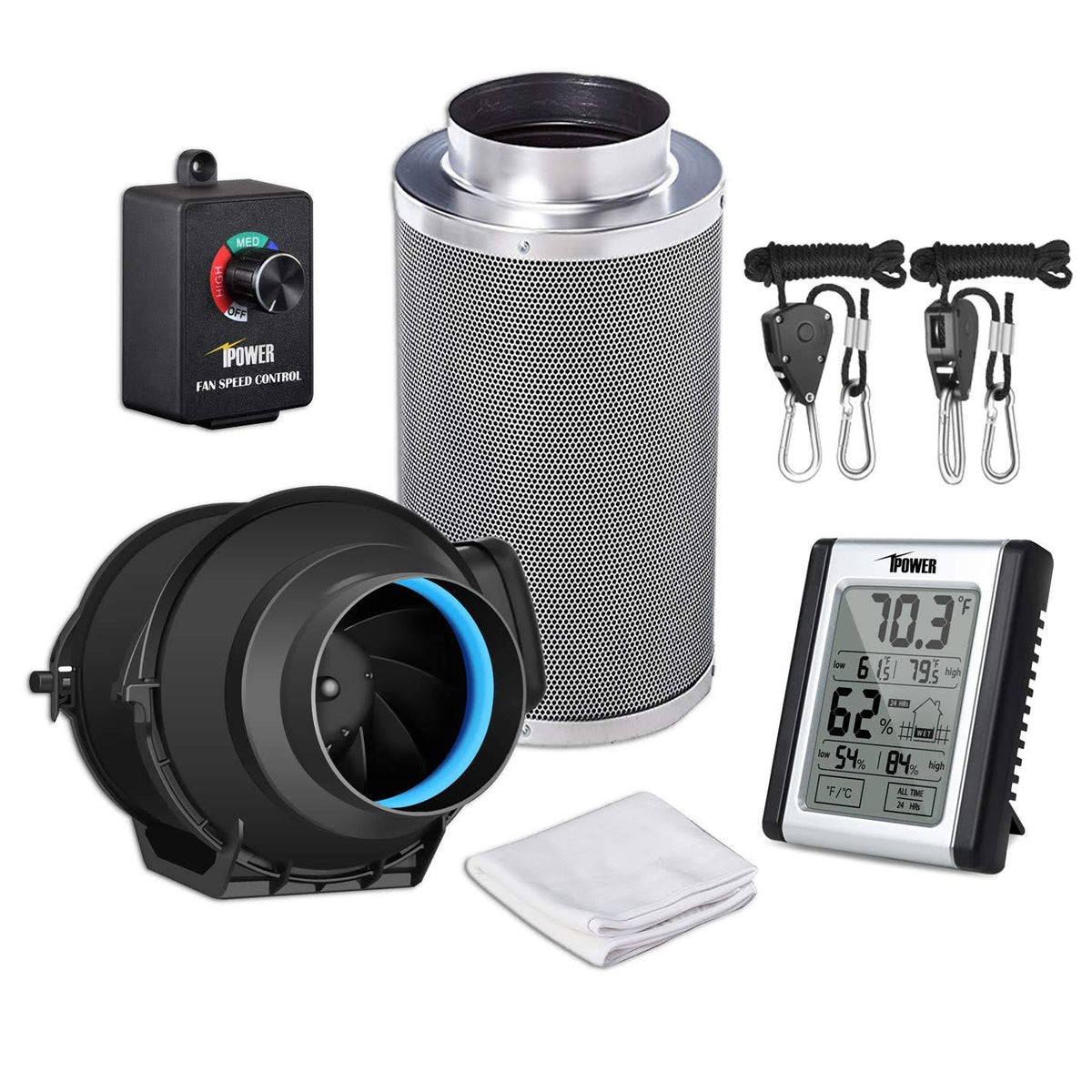 4 inch 150 CFM Inline Carbon Filter with Fan Speed Controller and Temperature Humidity Monitor B155