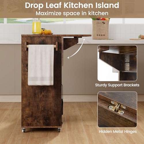 Rolling Kitchen Island Cart with Drop Leaf, Power Outlet, White Z756