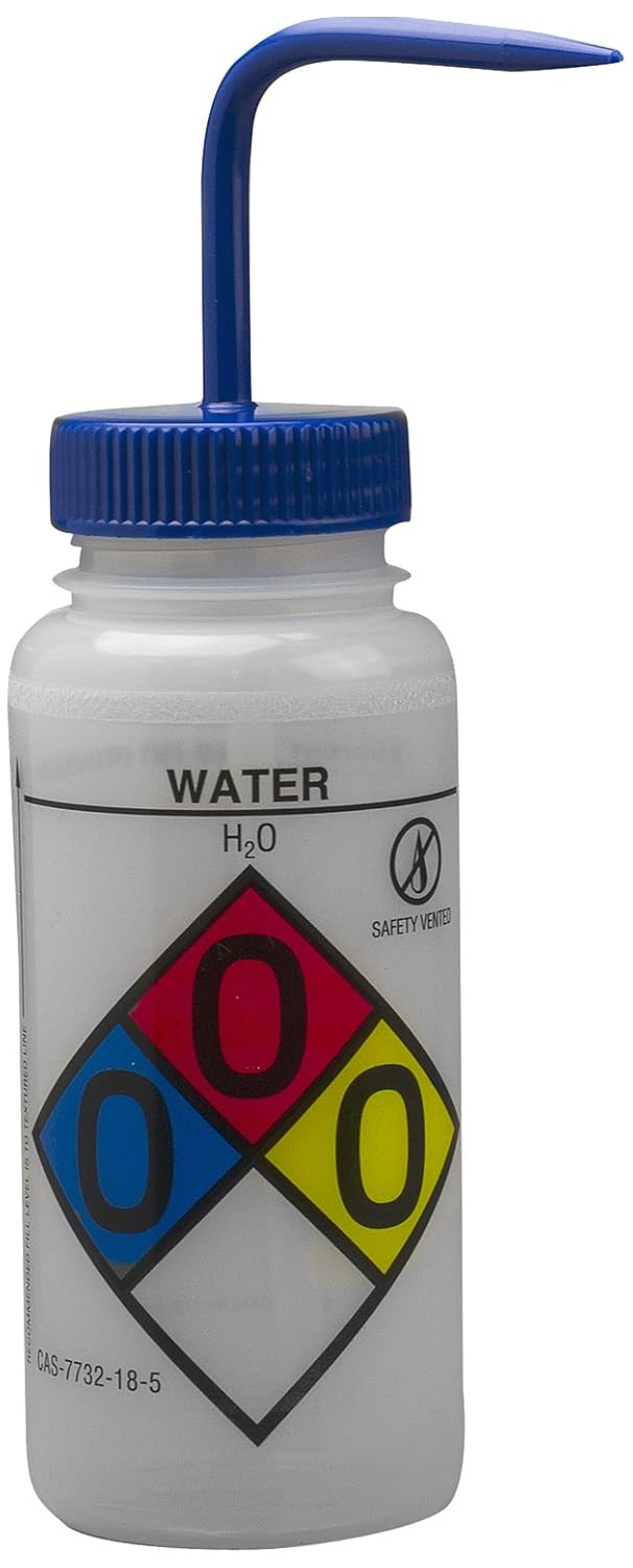 Deionized Water Wash Bottles, 500ml (16oz), Polyethylene, Blue Polypropylene Cap, Pack of 4 D5654