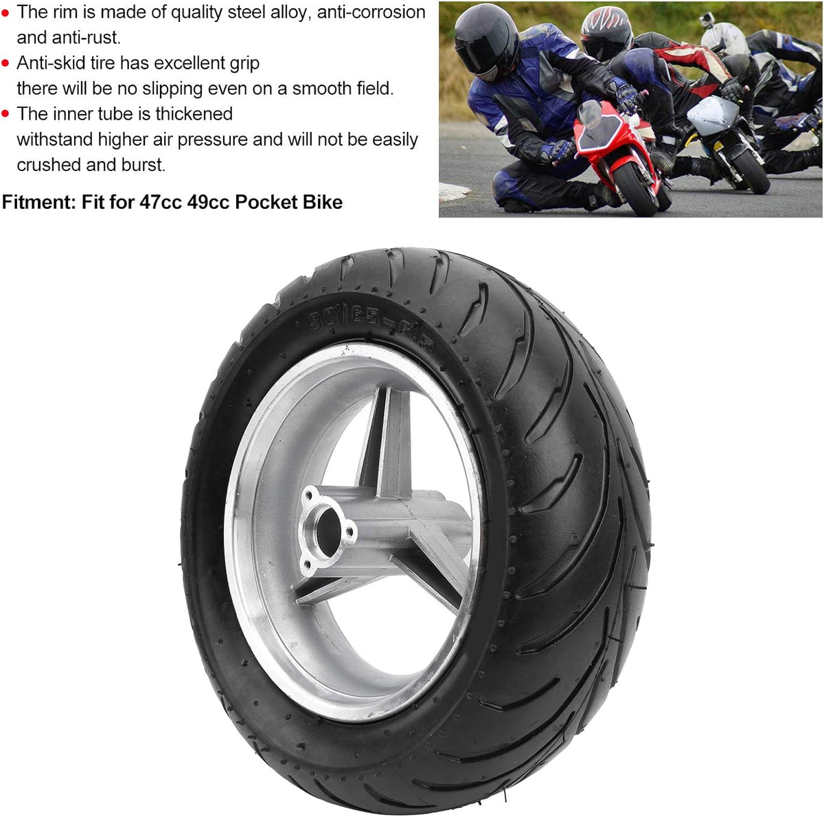 Mini Bike Tire Wheel Tyre Rims Anti-Skid Accessories Fit for 47cc 49cc Pocket Bike Front Wheel Pack of 2 Y690994