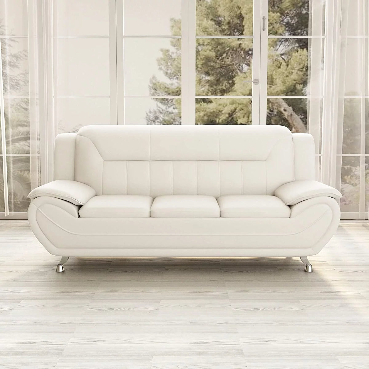 Cream White Faux Leather Pillow Top Arm Sofa E6275